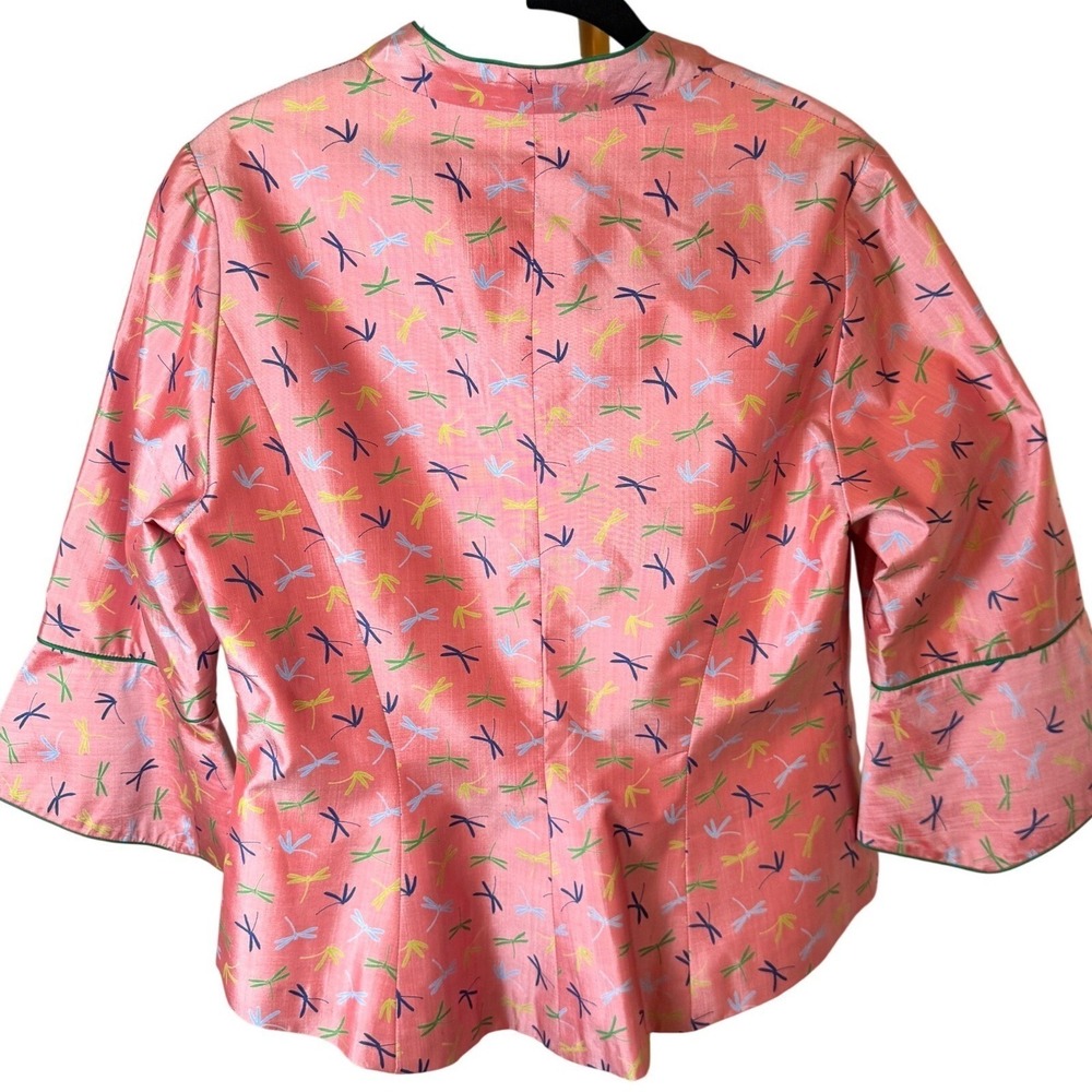 Teal Lotus Dragonfly Print Art to Wear Jacket Bell Sleeve Pink Blazer M - Picture 2 of 11
